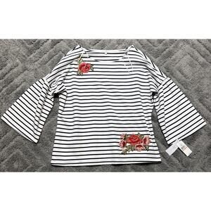 Women's Fever White&Navy Striped Rose Embroidered French Terry Shirt 2X New